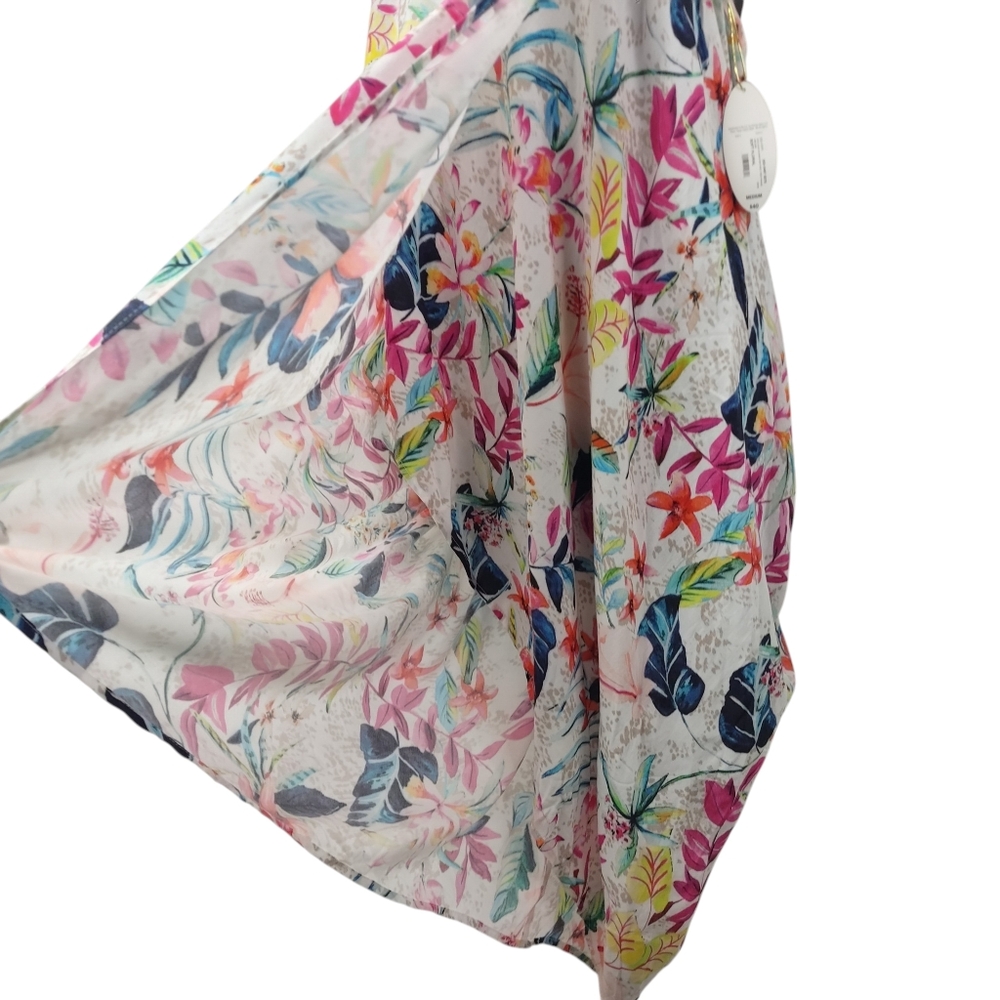 Mynah Floral Halter Asymmetrical Hem Dress Viscose Tropical Faux Wrap Sz M NWT - Picture 4 of 8